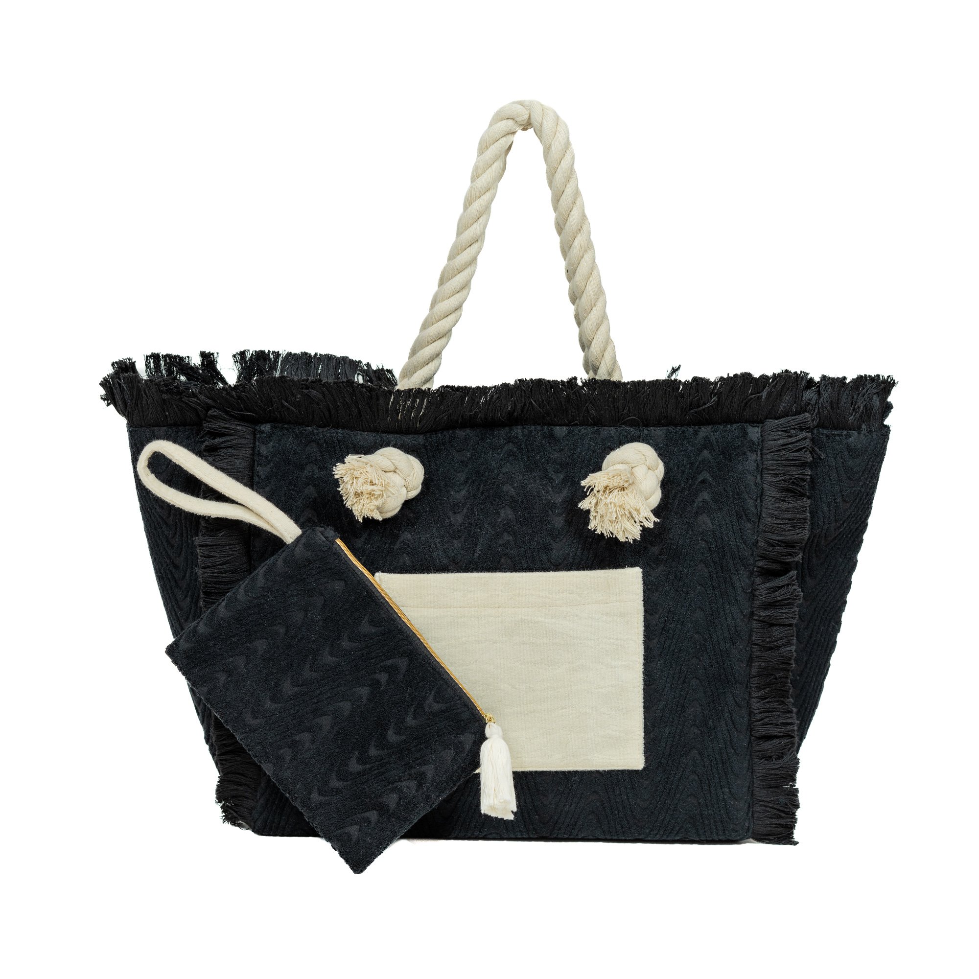 Terry Fringe Tote With Wristlet – Black / Cream – Sprigs