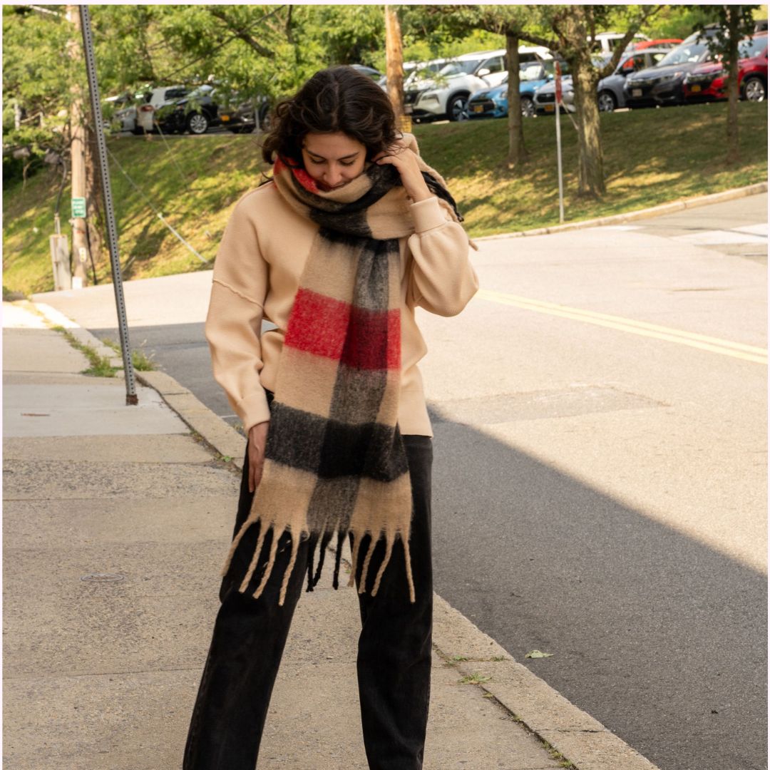 Extra Long Checkered Fringe Scarf Sprigs